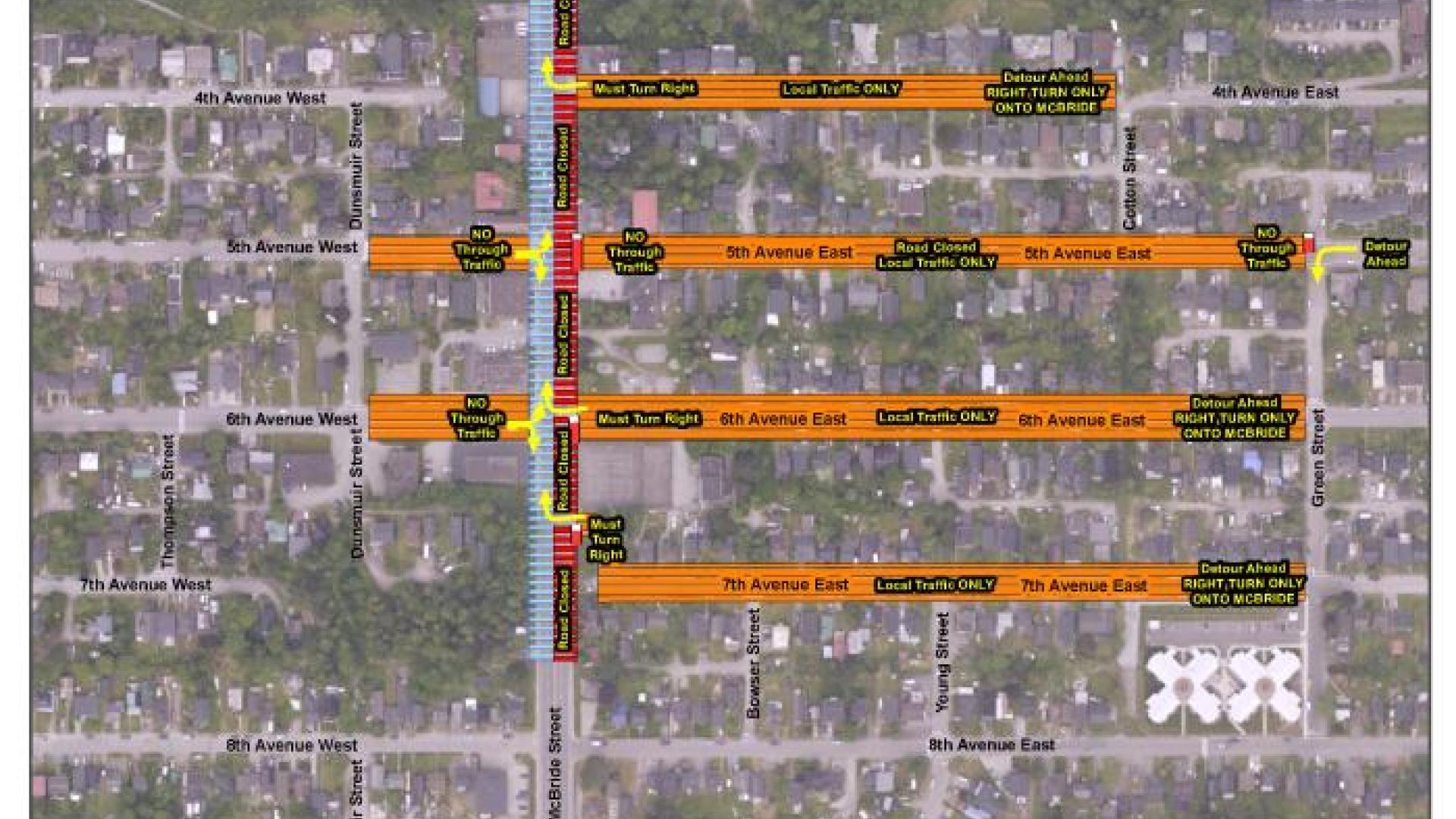 A map showing McBride detour routes.