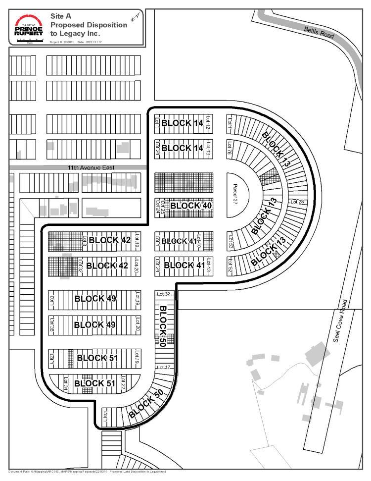 Blueprint map of proposed Site A development project in Prince Rupert.