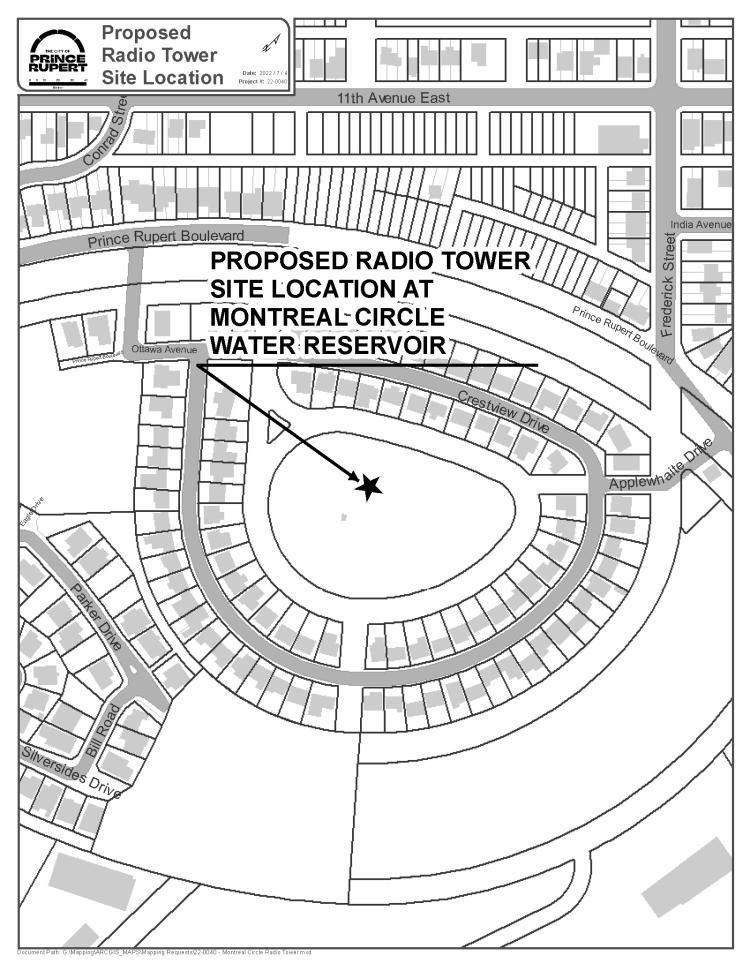 A map showing the location of the proposed radio tower at Montreal Circle Water Reservoir.