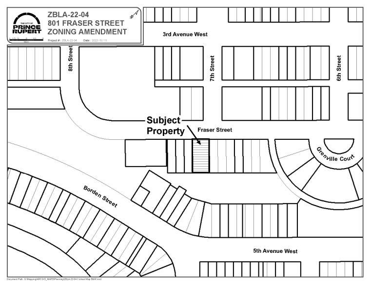 A map of the Subject Property at the intersection of Fraser Street and 7th Street. 