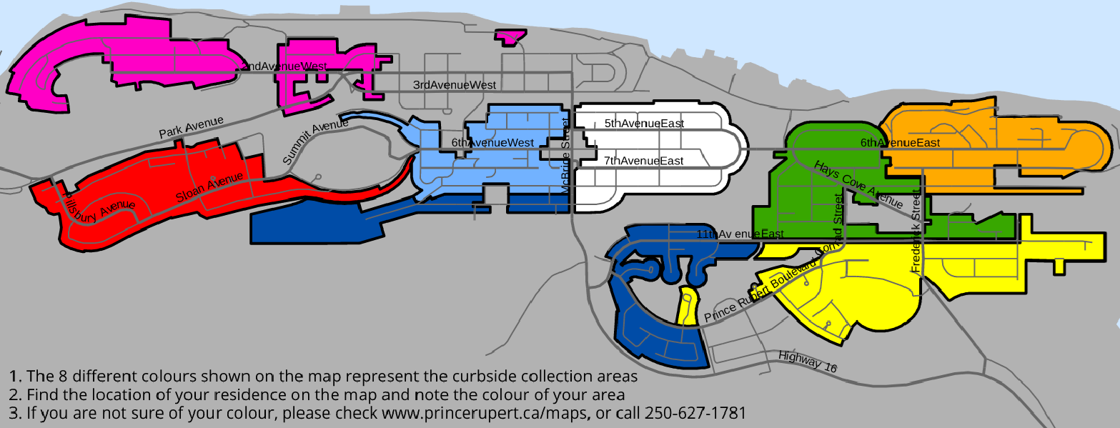 A colour coded map of the garbage collection areas. 